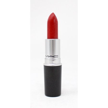 Bright red lipstick with a lustrous finish, housed in a sleek silver and black tube, featuring the MAC logo on the side.