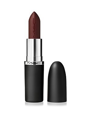 M·a·CXIMAL SILKY MATTE LIPSTICK in Antique Velvet, featuring a deep burgundy shade, housed in a sleek black bullet casing with a silver band and a rounded tip.