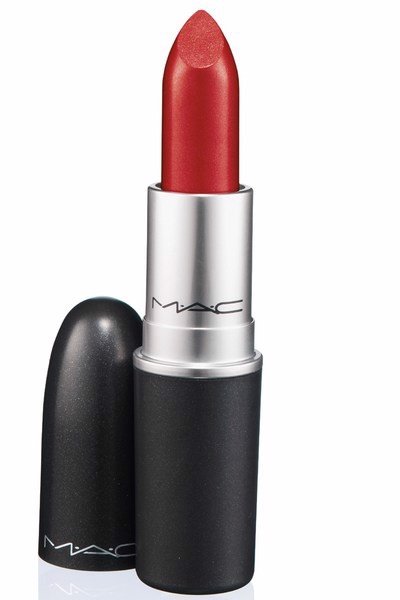 Bright red MAC Retro Matte Lipstick in shade 707 Ruby Woo, featuring a sleek silver bullet and a matte black casing, showcasing its vibrant color and classic design.