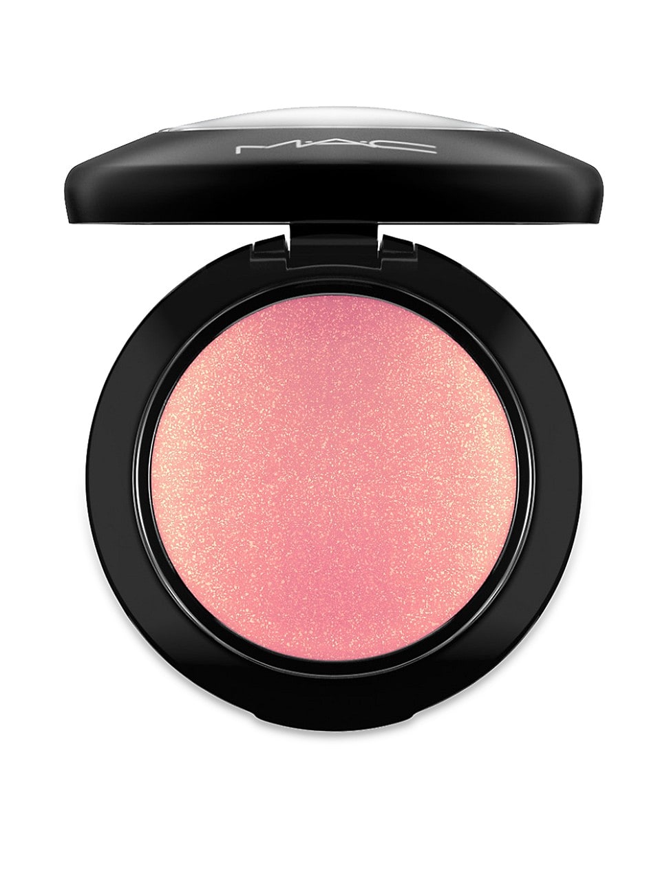 Round compact with a glossy black lid, containing a soft pink blush with a subtle shimmer, labeled "MAC Mineralize Blush Petal Power 3.2g."
