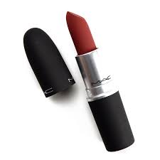 MAC Powder Kiss Lipstick in Dubonnet Buzz, featuring a creamy matte finish in a deep red shade, housed in a sleek black tube with a silver band.