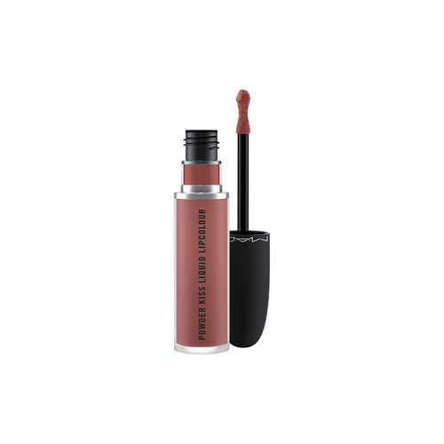 MAC Powder Kiss Liquid Lipcolour in a 5ml tube, featuring a taupe shade with a soft matte finish, includes a doe-foot applicator for precise application.