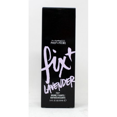 Black box packaging for MAC Prep + Prime Fix + Face Mist, featuring lavender accents and bold white text, indicating a 100ml spray.