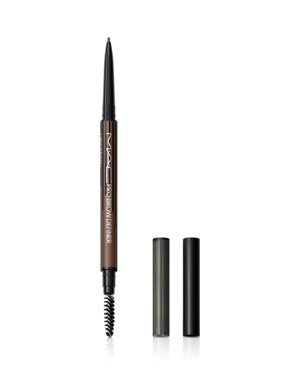 MAC Pro Brow Definer pencil in Lingerling features a 1MM tip for precision, with a dark brown shade and a retractable design, accompanied by a built-in spoolie brush for blending.