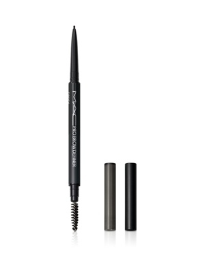 Black MAC Pro Brow Definer pencil with a 1MM tip, featuring a retractable design and a built-in spoolie brush for blending, displayed with two removable caps in dark colors.
