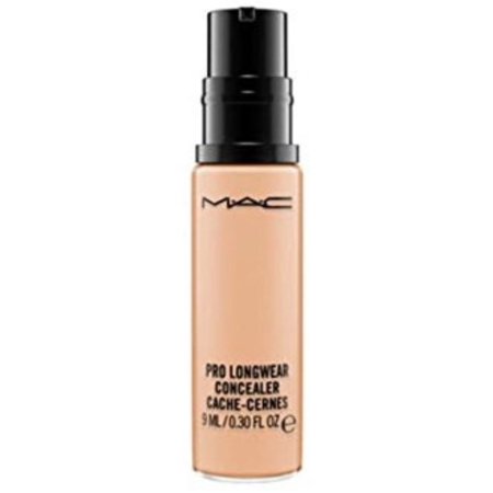 MAC Pro Longwear Concealer in a clear glass pump bottle, featuring a black cap and label, with a light beige liquid inside, designed for long-lasting coverage.