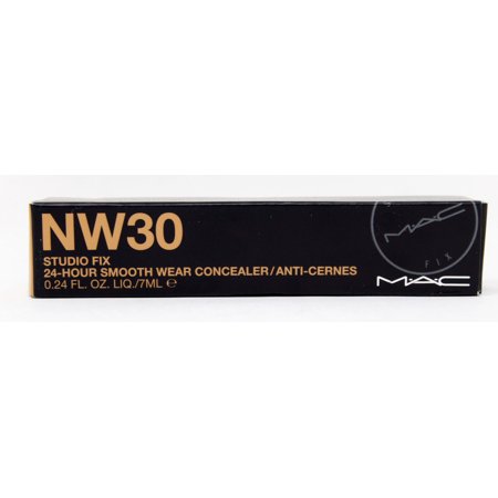 Black box packaging for MAC Studio Fix 24 Hour Smooth Wear Concealer, labeled NW30, featuring a medium beige shade with rosy undertone, 7ml/0.24oz.
