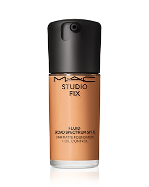 MAC Studio Fix Fluid Foundation in NC42, 30ml, features a sleek glass bottle with a black pump top, showcasing a warm, medium tan shade for a matte finish.