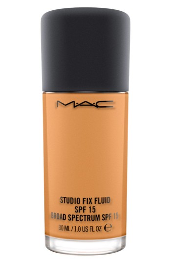 MAC Studio Sculpt SPF 15 Foundation in C8, 1.3 oz, features a sleek glass bottle with a black cap, showcasing a deep olive shade with golden undertones.