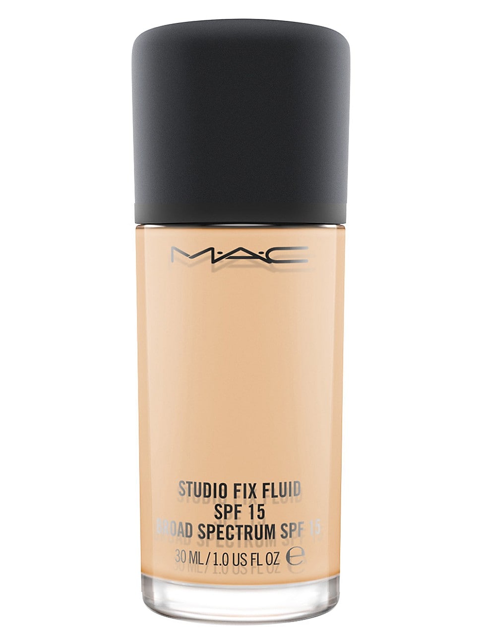 Beige MAC Studio Fix Fluid Foundation in a sleek glass bottle with a black cap, featuring SPF 15 and a label indicating broad spectrum protection.