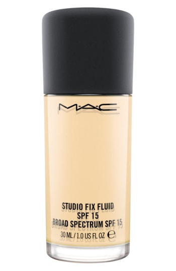 MAC Studio Fix Fluid Mattifying Foundation in shade NC 12, 30 ml, features a sleek glass bottle with a black cap, labeled with product details and SPF 15 information.