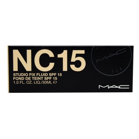 Beige MAC Studio Fix Fluid SPF 15 Foundation in a sleek black box, featuring gold lettering and product details, with a net weight of 1.0 fl. oz. (30 mL).