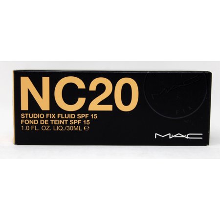 Beige MAC Studio Fix Fluid SPF 15 Foundation in a sleek black box, featuring bold gold lettering for product details and a 30ml capacity.