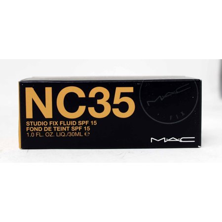 Black box with gold lettering, labeled "NC35 Studio Fix Fluid SPF 15," indicating a 1.0 fl. oz. (30 mL) foundation by MAC.