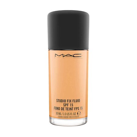 Beige liquid foundation in a sleek glass bottle with a black cap, labeled "Studio Fix Fluid SPF 15" by MAC, featuring a 30 mL capacity.