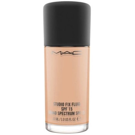 Beige bottle of MAC Studio Fix Fluid SPF 15 Foundation with a sleek black cap, featuring clear labeling and a 30 mL capacity.