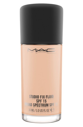 Beige MAC Studio Fix Fluid Foundation in a sleek glass bottle with a black cap, featuring SPF 15 and 30 mL capacity.