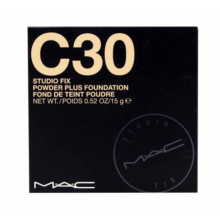Black square compact with gold text reading "C30" and "Studio Fix Powder Plus Foundation," featuring the MAC logo and product weight of 15g.