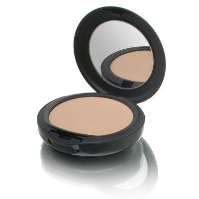 Compact powder foundation in beige shade with a smooth texture, housed in a sleek black case featuring a mirror inside the lid.