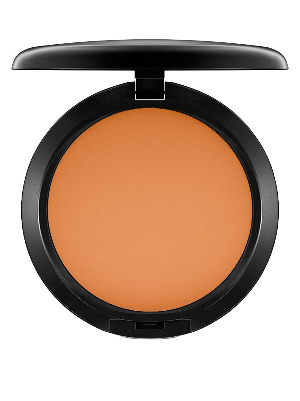 Round compact with a glossy black exterior, featuring a beige powder foundation inside, designed for a smooth, matte finish.