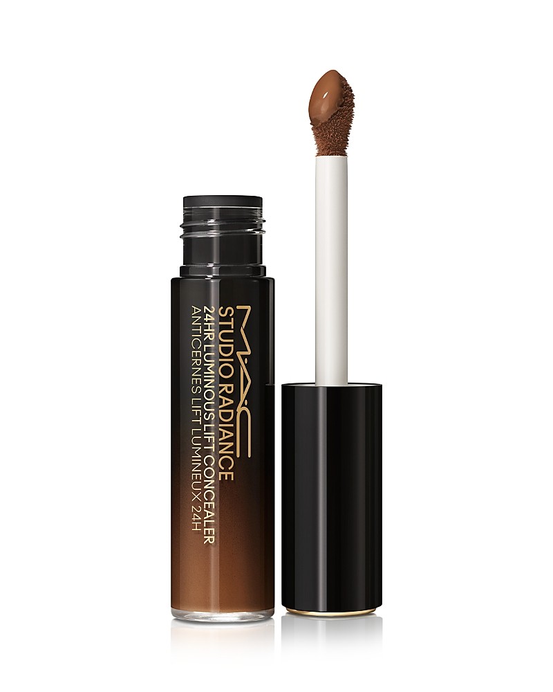 MAC Studio Radiance 24HR Luminous Lift Concealer in NW50 features a sleek black tube with a clear body, showcasing a rich brown concealer and a soft applicator wand.