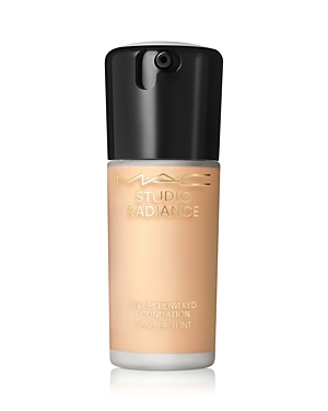 MAC Studio Radiance Serum Powered Foundation in a 30ml bottle, featuring a sleek black cap and a light beige liquid, designed for hydrating makeup with a natural finish.