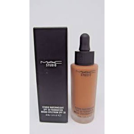 Beige MAC Studio Waterweight SPF 30 Foundation in a sleek glass dropper bottle, accompanied by a black box featuring the MAC logo.