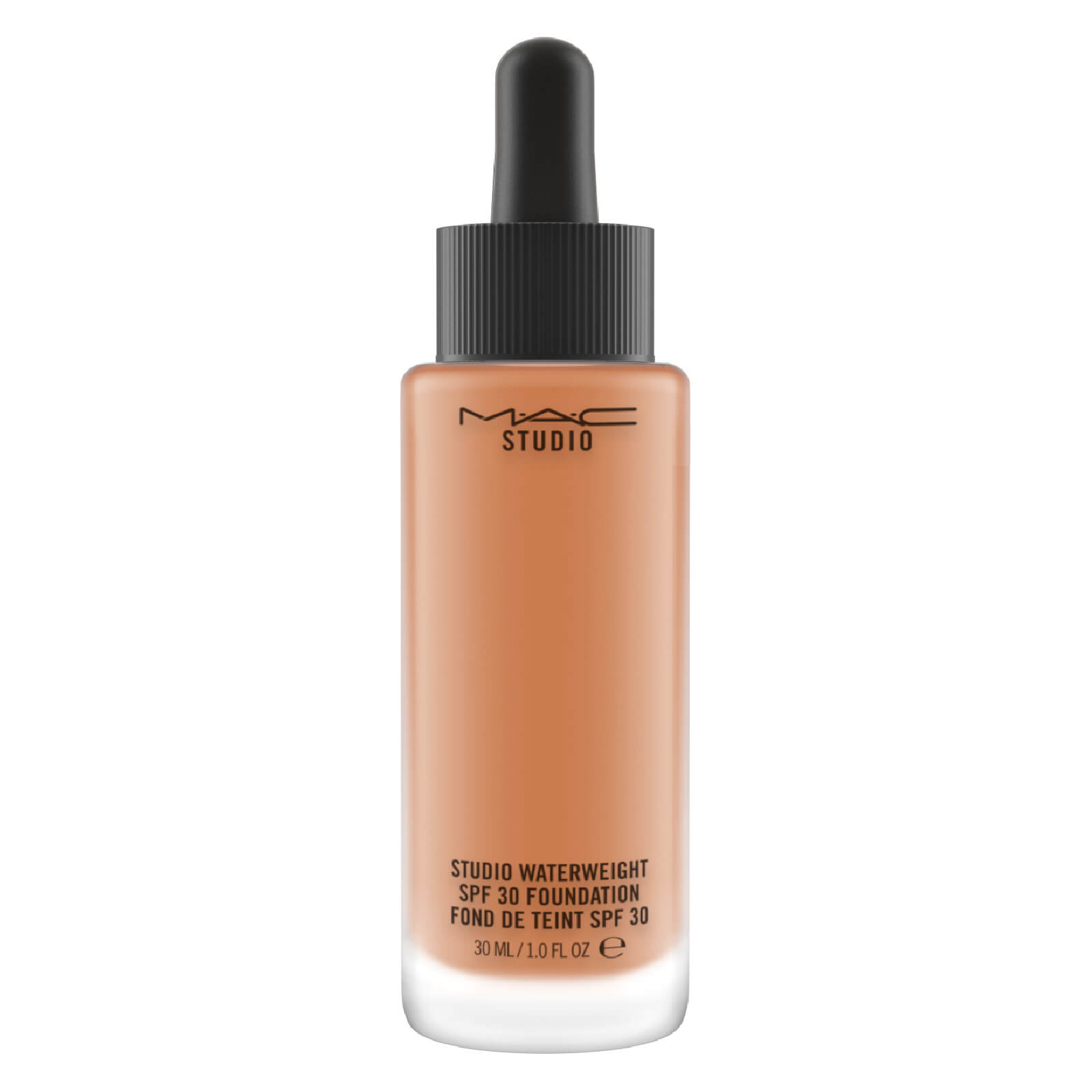 Beige liquid foundation in a clear glass dropper bottle with a black pipette, featuring MAC Studio branding and SPF 30 label, 30 mL size.