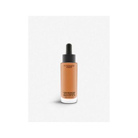 Beige liquid foundation in a sleek glass bottle with a dropper, featuring a black cap and labeled "Mac Studio Waterweight SPF 30 Foundation."