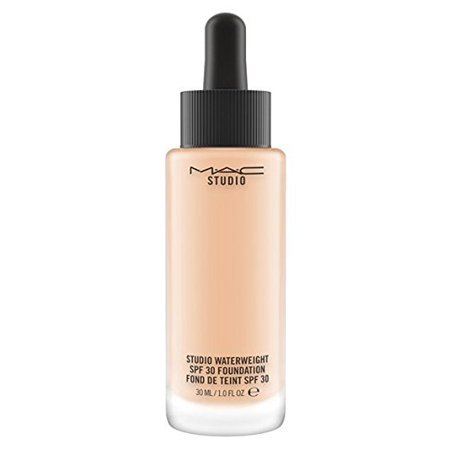 MAC Cosmetics Studio Waterweight SPF30 Foundation in NW50 is housed in a sleek glass bottle with a dropper, featuring a nude liquid foundation and a black cap.