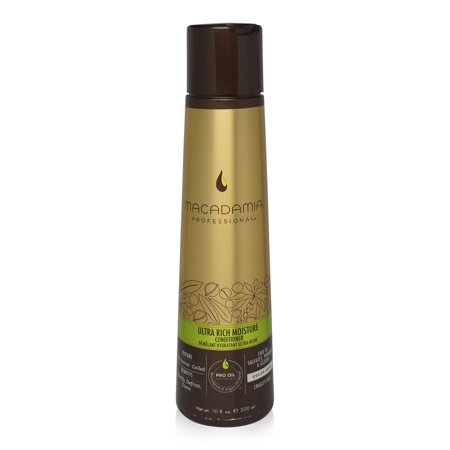 Macadamia Professional Ultra Rich Repair Conditioner in a sleek gold and brown bottle, featuring a green label, designed for coarse to coiled hair textures, 10 oz.