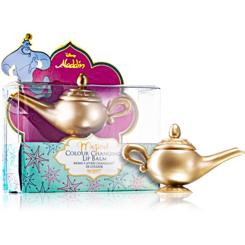 Gold genie lamp-shaped lip balm in a clear box with a colorful Aladdin-themed background, featuring a whimsical design and the text "Magical Colour Changing Lip Balm."