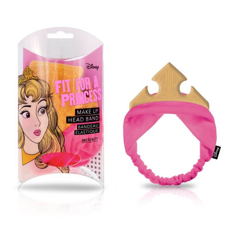 Pink fabric headband featuring a gold crown design, packaged with a colorful illustration of Princess Aurora, labeled "Fit for a Princess" by Mad Beauty.
