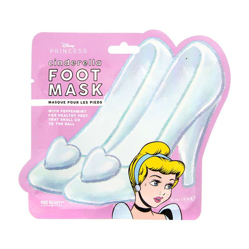 Pink packaging featuring a cartoon Cinderella with blonde hair and heart-shaped heels, labeled "Cinderella Foot Mask" with peppermint for healthy feet.