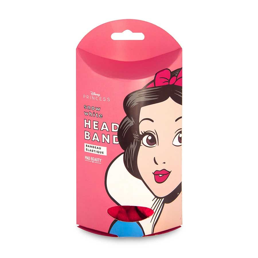 Bright pink packaging featuring a cartoon illustration of Snow White, with a red headband adorned with a bow, labeled "Snow White Headband" by Mad Beauty.