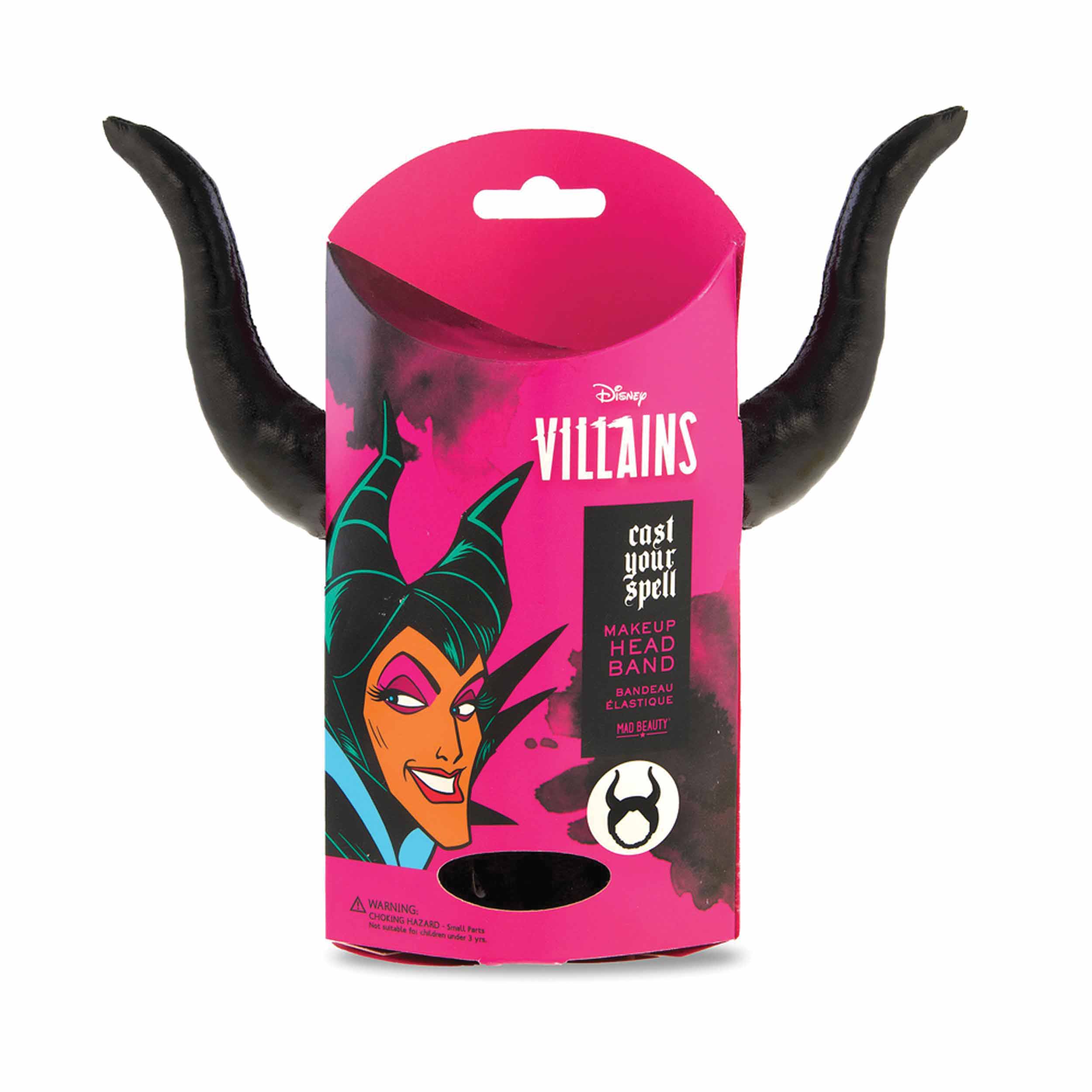 Black spa headband featuring Maleficent's iconic horned design, packaged in a vibrant pink box with villain-themed graphics and text.