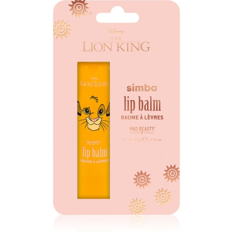 Bright yellow packaging featuring Simba's face, with "Simba lip balm" text prominently displayed, designed by Mad Beauty, 4g size, with sun motifs in the background.