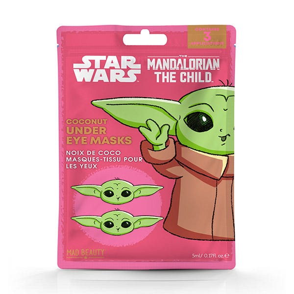 Pink packaging featuring Grogu (Baby Yoda) with large ears, holding a coconut, labeled "Coconut Under Eye Masks," designed to refresh dark circles and puffy eyes.