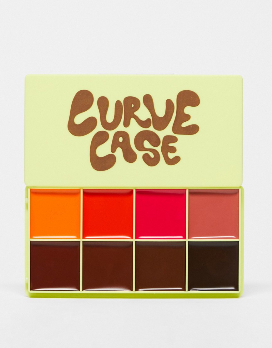 Bright yellow case with playful "Curve Case" lettering, containing eight vibrant cream shades ranging from orange to deep brown, ideal for makeup application.