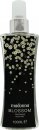 Black bottle with a sleek design, adorned with white floral patterns, featuring a silver spray nozzle, labeled "Madonna Blossom Body Mist 100ml."