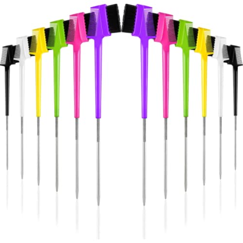 Three-in-one edge brush featuring plush tapered bristles, available in vibrant colors like pink, yellow, green, black, and purple, designed for styling and grooming hair edges.