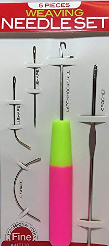 Five-piece weaving needle set featuring a bright pink and green handle crochet hook, along with I, C, G-shaped, and latch hook needles, all displayed on a white background.