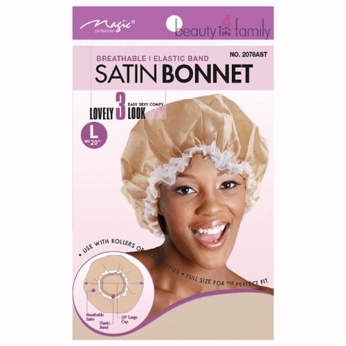Large beige satin bonnet cap with an elastic band, featuring a breathable design, suitable for use with rollers, promoting easy styling and comfort.
