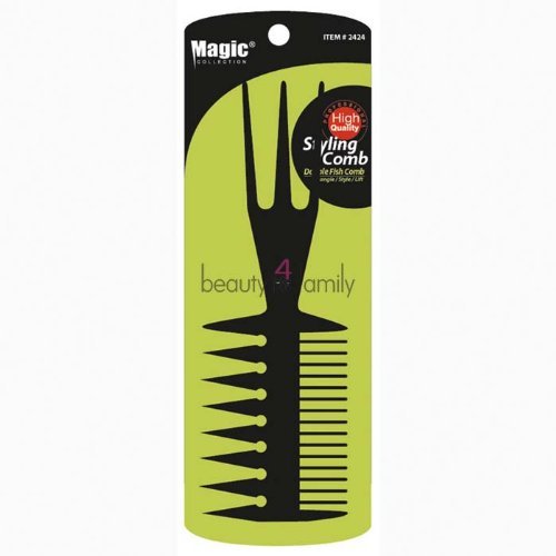 Black plastic styling comb with a double-fish design, featuring wide and narrow teeth, packaged in a sleek, branded card with "Magic" logo and product details.