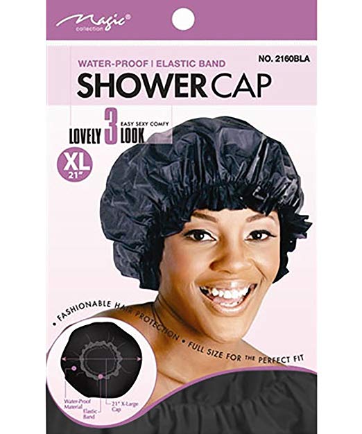 Black waterproof shower cap with an elastic band, extra large size (21 inches), featuring a shiny material and a packaging design showcasing a smiling model wearing it.