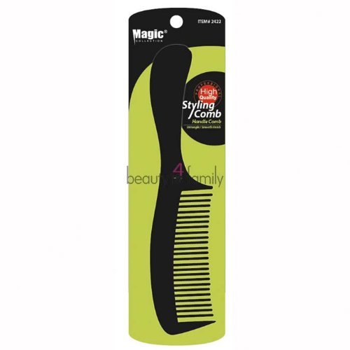 Black styling comb with a curved handle, featuring fine and wide teeth, packaged on a vibrant green card with "Magic Collection" branding and item number #2422.