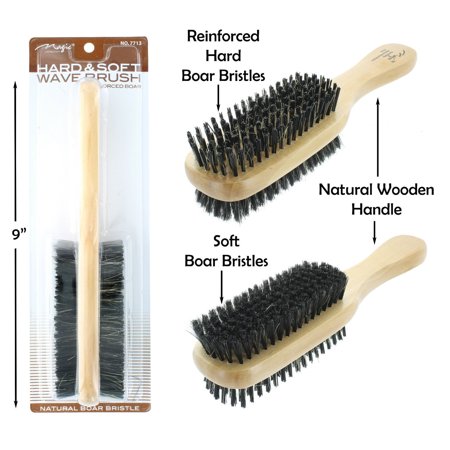 Hard and soft double brush featuring natural boar bristles, a reinforced design, and a smooth wooden handle, measuring 9 inches in length.