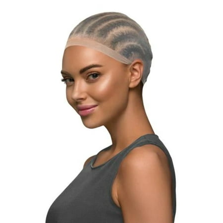 Lightest brown HD wig cap with a smooth, stretchy material, featuring a wave pattern and a comfortable fit, modeled by a woman with a neutral expression.