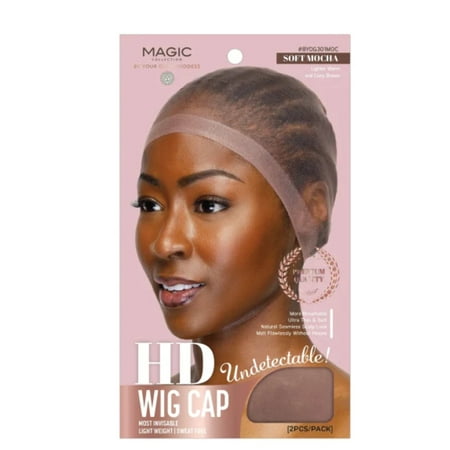 Soft mocha HD wig cap in a two-piece pack, featuring a smooth, lightweight material designed for undetectable wear, displayed on a model with a natural hairstyle.