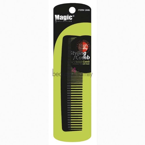 Black long pocket styling comb with fine and wide teeth, packaged in a bright green card, labeled "Magic Collection" with item number 2446.